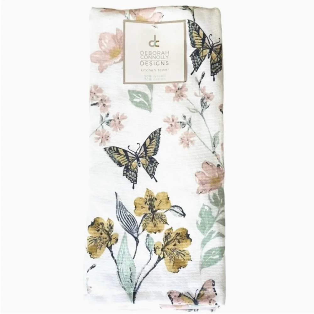 Deborah Connolly Kitchen Towels Set of 3 Pastel Floral & Butterflies NEW